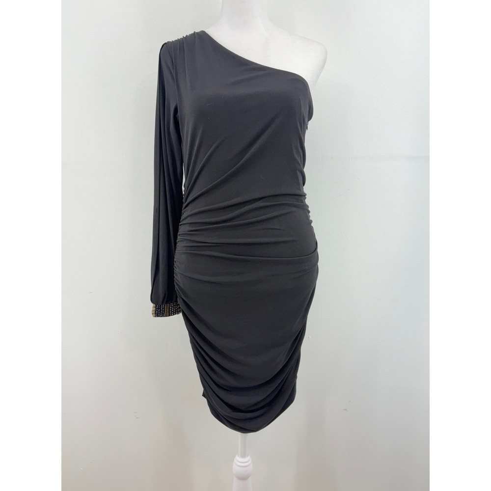 Laundry Shelli Segal Black 1 Shoulder Ruched Beaded Cuff Dress 6 Stretch Bodycon